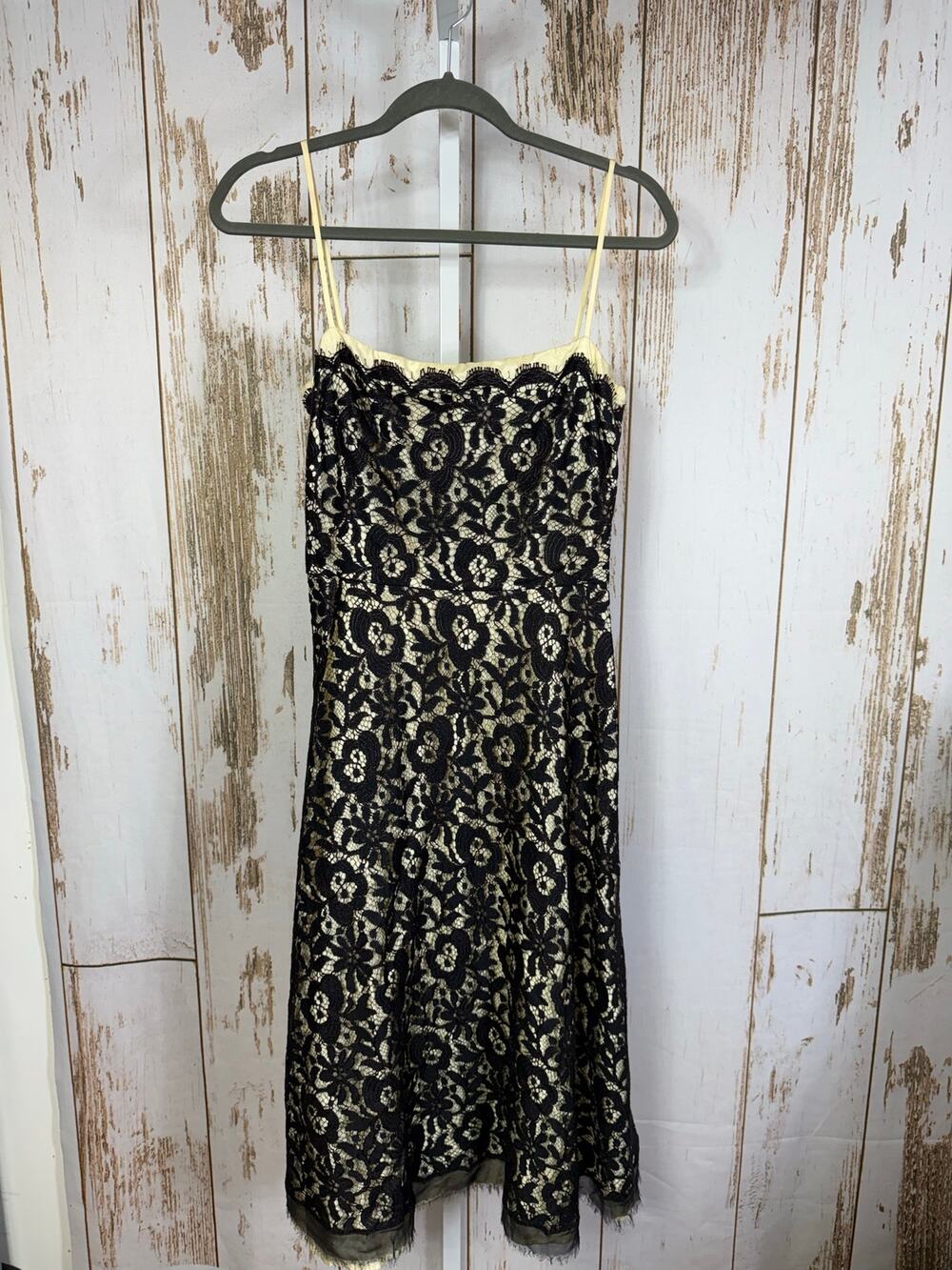 Tessuto, Black Lace and Cream Lining A-Line Knee Length Dress. Size 10.